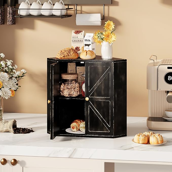 Corner Bread Box for Kitchen Counter Double Layer Bamboo Bread Storage Container Large Capacity Bread Storage Bin Farmhouse Breadbox Organizer (Antique Black)