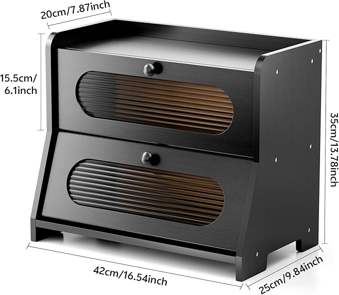 Bread Box for Kitchen Countertop,Double Layer Large Capacity Bamboo Bread Storage Container with Acrylic Wavy Door Panel for Kitchen Counter,Cabinet,Pantry(Black)