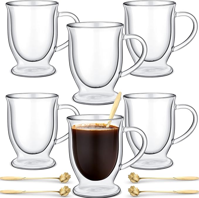 Gejoy 6 Sets Double Wall Glass Coffee Mugs with Spoon Insulated Clear Coffee Mug with Handle Borosilicate Glass Coffee Cups Latte Cup for Cappuccino, Tea, Latte, Espresso, Hot Beverage(12 OZ)