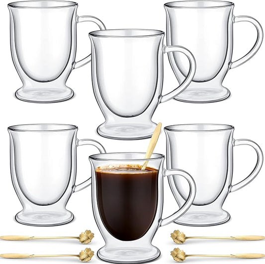 Gejoy 6 Sets Double Wall Glass Coffee Mugs with Spoon Insulated Clear Coffee Mug with Handle Borosilicate Glass Coffee Cups Latte Cup for Cappuccino, Tea, Latte, Espresso, Hot Beverage(12 OZ)