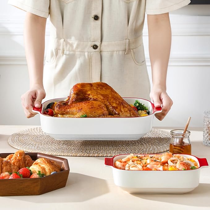 MALACASA Casserole Dishes for Oven, Ceramic Baking Dishes Set of 3, Rectangular Lasagna Pan Deep Baking Pans, Bakeware Sets with Handles Gift Set, White with Red Trim (13.8''/11.7''/9.4''), Series BAKE