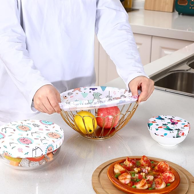 Patelai 10 Pcs Bowl Covers Reusable in 5 Size Stretch Cloth Fabric Elastic Food Storage Bowl Covers Bread Sourdough Lids for Proofing Food Fruits Leftover(Cute Style)