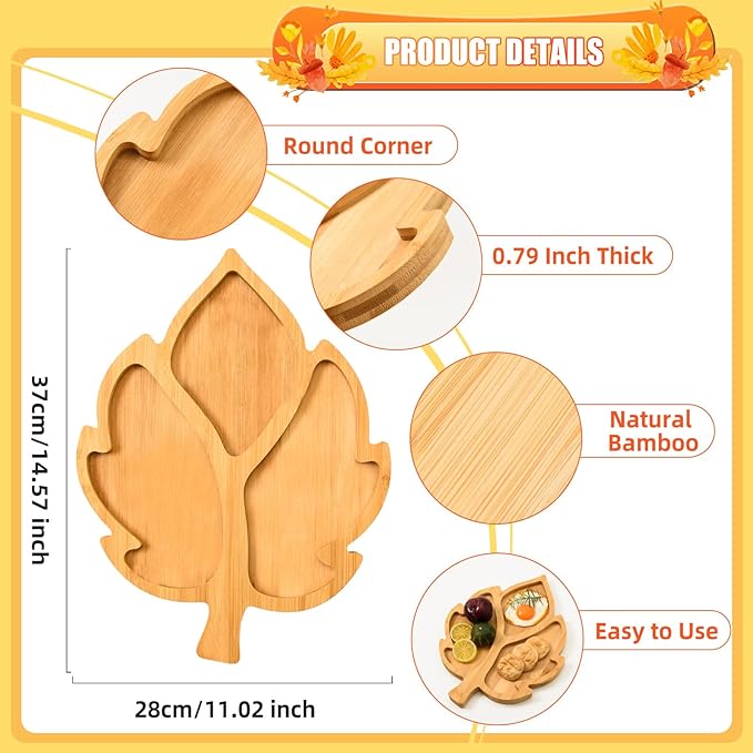 AWIZOM Leaf Wooden Serving Platter Thanksgiving Bamboo Serving Tray Wooden Snack Cheese Charcuterie Board Sectional Wood Fall Leaf Dish Plate for Fall Autumn Harvest Party Supply,11.02x14.56x0.79