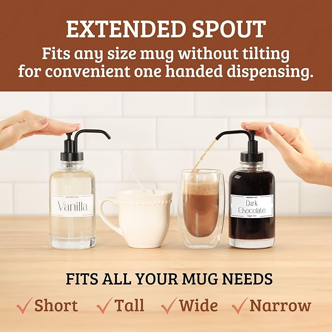 Coffee Syrup Dispensers, Set of 2, Coffee Syrup Bottles with Pump and Labels, 500 ml, Espresso Bar Accessories, Glass Bottles with Pump, Black Upgraded Dispenser, 16.9 oz