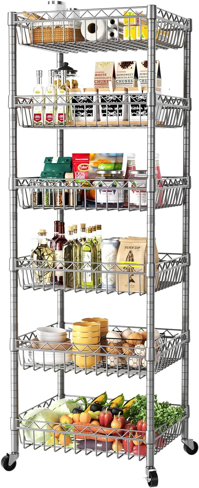 SINGAYE Shelf Storage Wire Shelving：Shelves Rack Standing Units with Wheels Closet Organizers Metal Pantry Kitchen Laundry Room Adjustable 13.5" D x 13.5" W x 63" H Silver