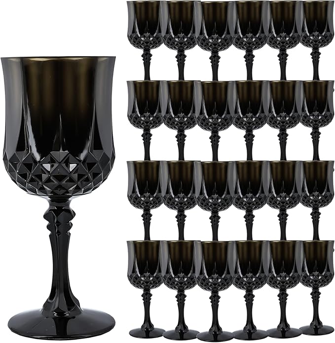 Plastic Wine Glasses，Plastic Goblets Vintage Style Cordial Drinking Glasses for Wedding Reception, Halloween Grand Event Party Supplies (24, Black)
