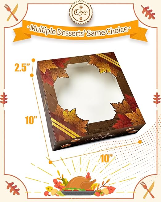 qiqee Thanksgiving Cookie Boxes with Window For Gift Giving Fall Treat Boxes 10x10x2.5 inch 30Packs Pie Donut Bakery Box