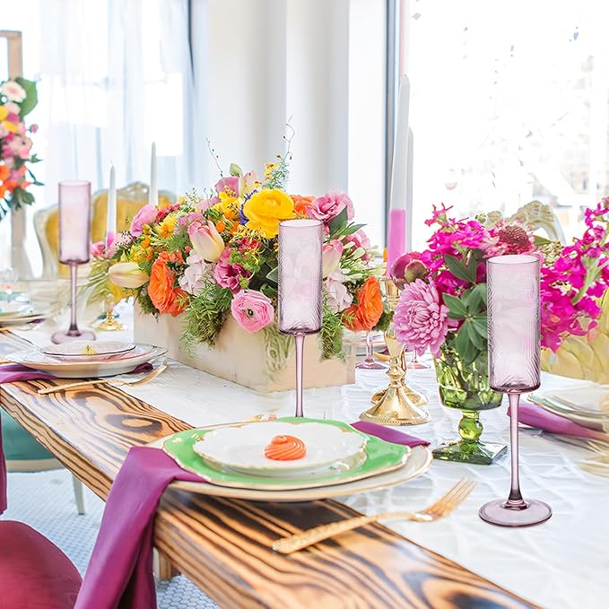 6 Pieces Pink Champagne Flutes,6 OZ Twill Pattern Striped Vintage Stem Glasses Stemware Wine Glasses Champagne Long Stem Drinking Colored Glasses Goblets for Wedding Cocktail Cups,Cava, Prosecco