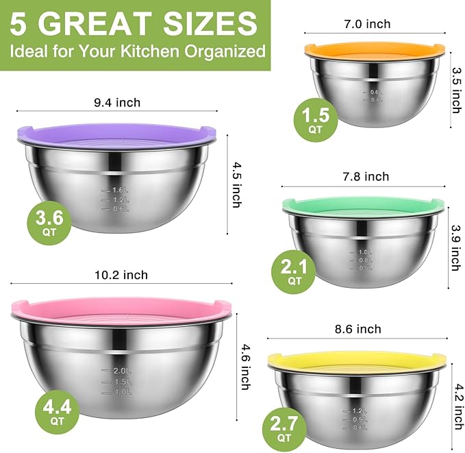 Mixing Bowls with Lids Set - 5 PCS Stainless Steel Mixing Bowls - Mixing Bowl Set with Lids for Kitchen, Size 4.4, 3.6, 2.7, 2.1,1.5QT, Ideal for Baking, Prepping, Cooking and Serving Food