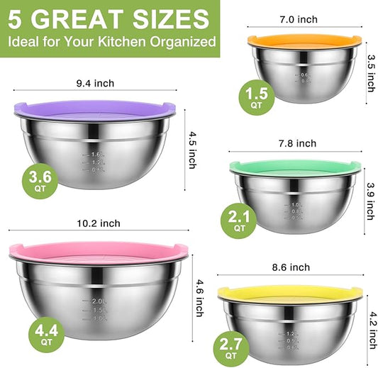 Mixing Bowls with Lids Set - 5 PCS Stainless Steel Mixing Bowls - Mixing Bowl Set with Lids for Kitchen, Size 4.4, 3.6, 2.7, 2.1,1.5QT, Ideal for Baking, Prepping, Cooking and Serving Food