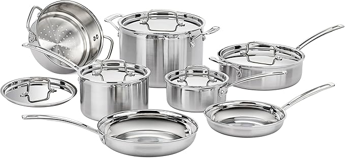 Cuisinart 12-Piece Cookware Set, MultiClad Pro Triple Ply Stainless Steel Cookware Set, Heat Surround Technology, Cool Grip Stick Handles, Oven Safe Up to 500°F, MCPS-12N, Silver