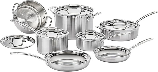 Cuisinart 12-Piece Cookware Set, MultiClad Pro Triple Ply Stainless Steel Cookware Set, Heat Surround Technology, Cool Grip Stick Handles, Oven Safe Up to 500°F, MCPS-12N, Silver