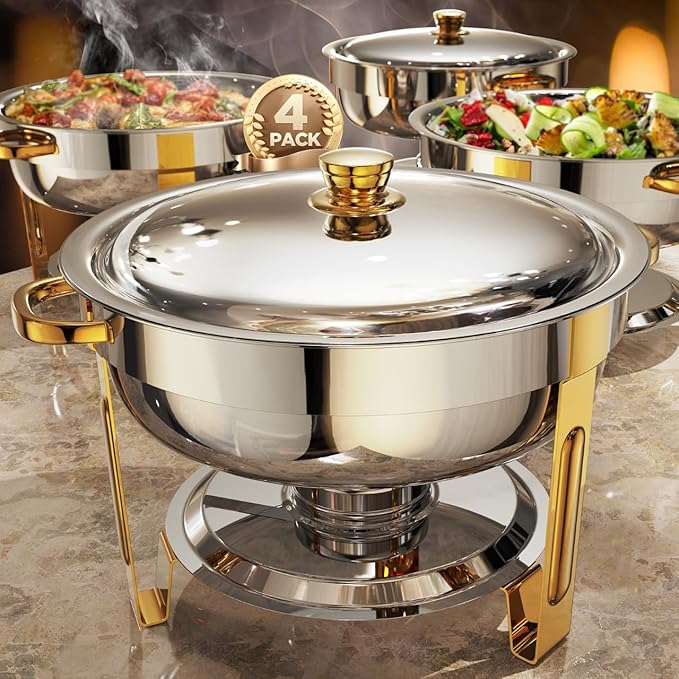 Chafing Dishes for Buffet 4 Pack, 6QT [Worry-Free Assemble] Food Warmers for Parties Buffet [Elegant Gold and Silver Colors] Stainless Steel Round Chafing Dish Buffet Set with Complete Set