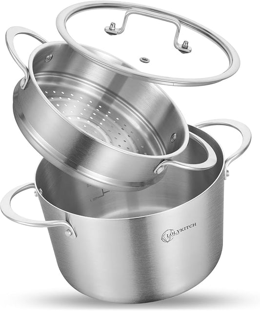 LOLYKITCH Tri-ply Stainless Steel 3 QT Stock Pot with Lid and Steamer,Induction Cooking Pot,Steamer Cookware,Dishwasher and Oven Safe.