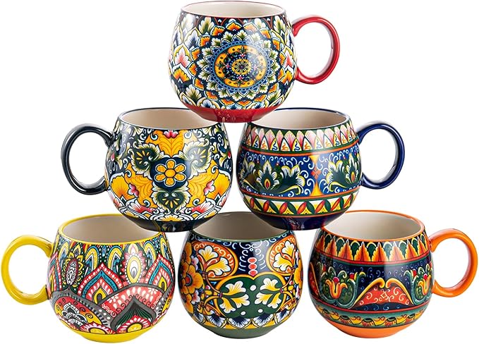 Henten Home Porcelain Latte Mug Set of 6, 20 oz Colorful Coffee Cup with Handle, Boho Ceramci Mug for Cappuccino, Milk, Tea, Hot Chocolate, Cocoa, Microwave & Dishwasher Safe