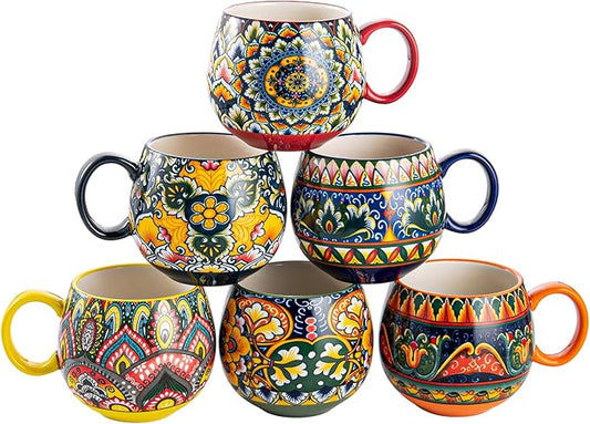 Henten Home Porcelain Latte Mug Set of 6, 20 oz Colorful Coffee Cup with Handle, Boho Ceramci Mug for Cappuccino, Milk, Tea, Hot Chocolate, Cocoa, Microwave & Dishwasher Safe