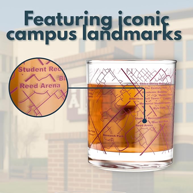 Greenline Goods – University of Texas A&M Aggies College Whiskey Glasses (Set of 2), 10 oz – Full-Color Logo + Campus Map