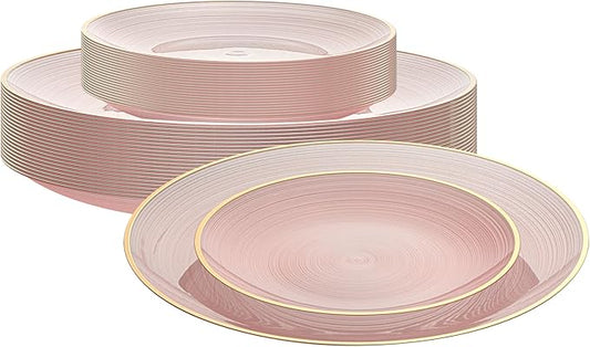 Restaurantware Plastic Plates 40 Pcs 7.13" and 10" Combo Gold Rimmed Plate Set Disposable Heavy-Duty Pink Translucent Rippled Plastic Dinner Servers for Party, Weddings, Salads, Desserts