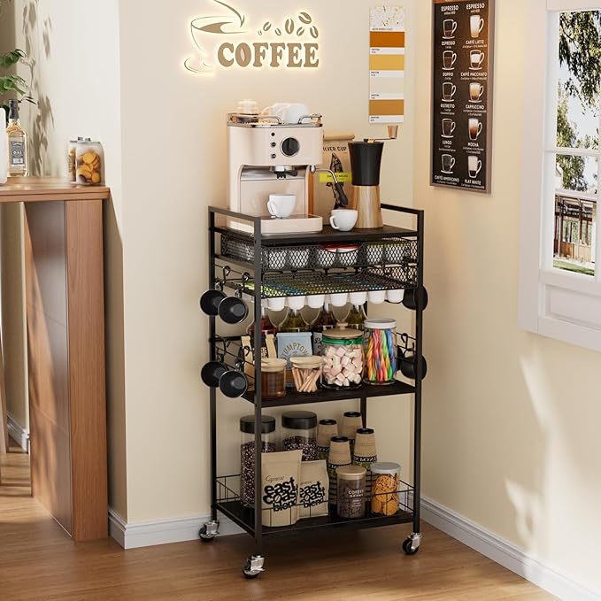 Coffee Bar Station with Storage Drawer - 5 Tier Coffee Table Countertop Organizer for K Cups, Tea Bags, Sugar Storage and Kitchen Cabinets (Black)