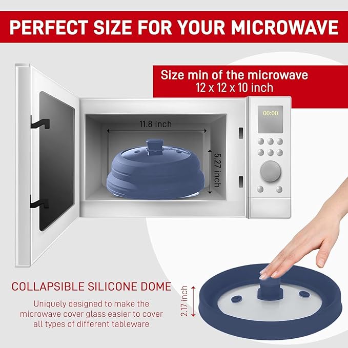 Microwave Splatter Cover Glass 11.8 Inch - Collapsible Microwave Splatter Cover for Plate & Bowl - Tempered Glass Top, Food-Grade Silicone Dome with Heating Vents & Heat-Safe Handle (BLUE DARK)