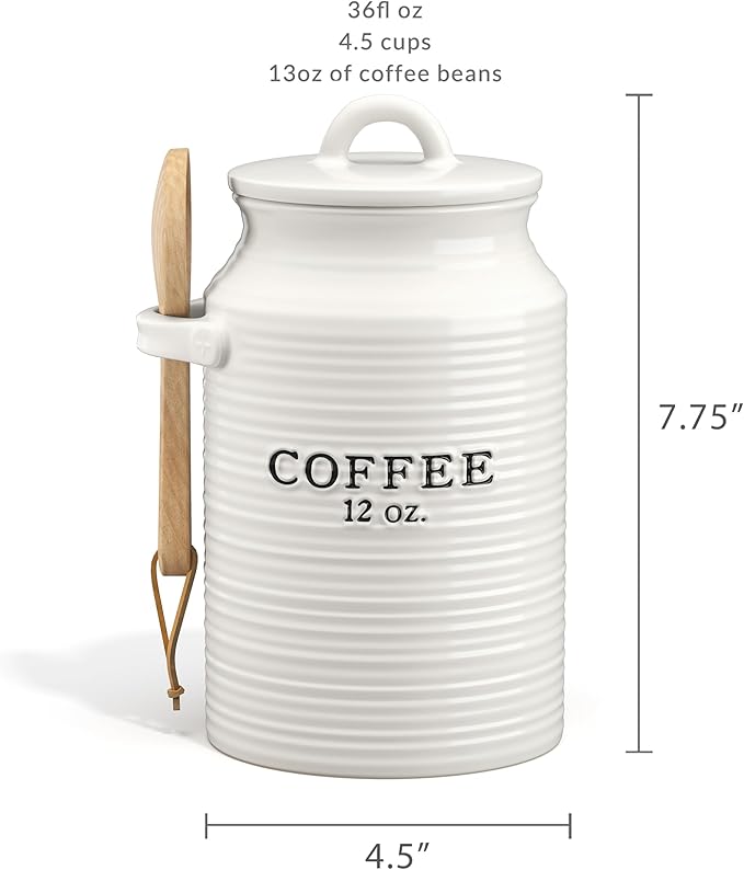 Barnyard Designs Coffee Canister for Kitchen Counter, Decorative Ceramic Coffee Container, Rustic Farmhouse Canister Jar, White (Coffee)