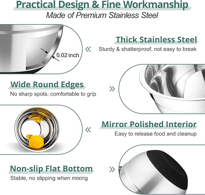 TeamFar Mixing Bowls, 5PCS Stainless Steel Serving Salad Bowls with Lids, For Kitchen Mixing/Baking/Storing/Prepping, Visible & Airtight, Non-Slip Bottom - 4.6/3.5/1.5/1 / 0.7 QT, Black