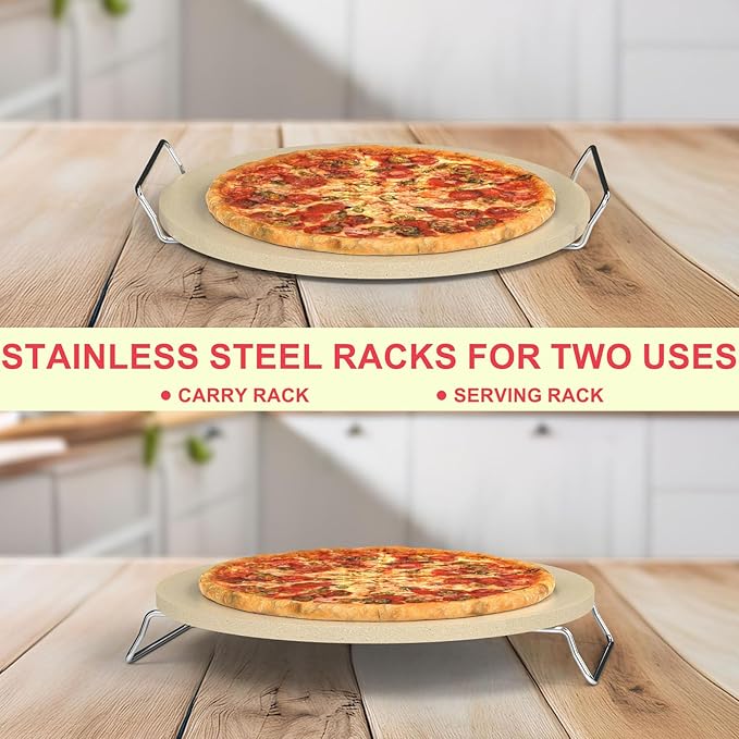 "DcYourHome 16 inch Round Pizza Stone with Rack for Oven, BBQ Grilling, Natural Cordierite Pizza Stone Kit with Pizza Peel & Plastic Scraper for Baking Bread, Universal High Temperature Baking Stone"
