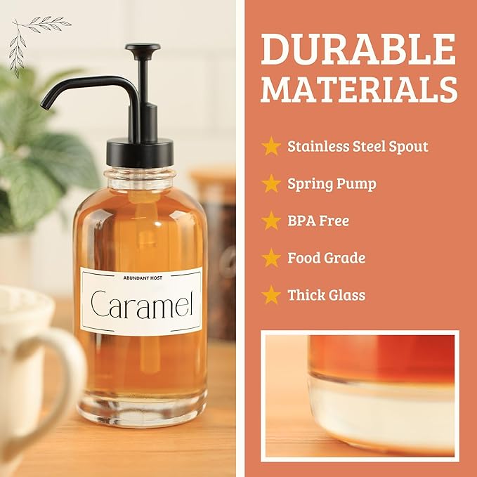 Coffee Syrup Dispensers, Set of 2, Coffee Syrup Bottles with Pump and Labels, 500 ml, Espresso Bar Accessories, Glass Bottles with Pump, Black Upgraded Dispenser, 16.9 oz