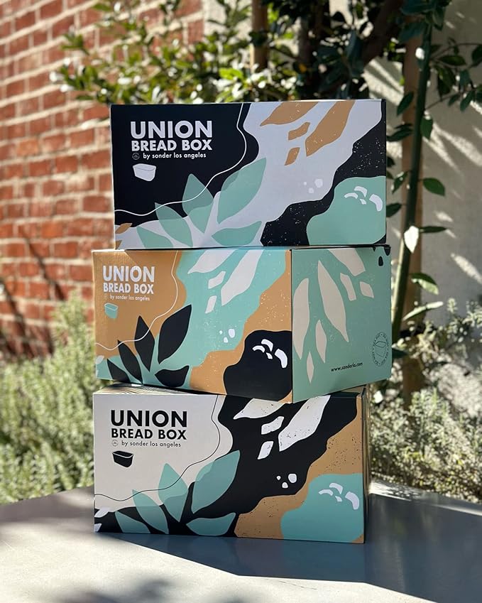 Sonder Los Angeles, Modern Bamboo Fiber and Recycled Plastic Bread Box (Blue Green) for Kitchen Countertop with Reversible Bread Board Wood Lid 14.25 x 9.25 x 7 in