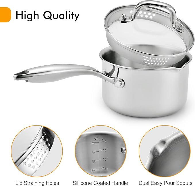 Tri-Ply Stainless Steel Sauce Pan with Steamer Basket & Straining Glass Lid — Heavy-Duty,Thick Base,Rust-Resistant,Warp-Free —100% Food-Grade —Built to Last– Works with All Stovetops, Pasta Pot 3.5 QT
