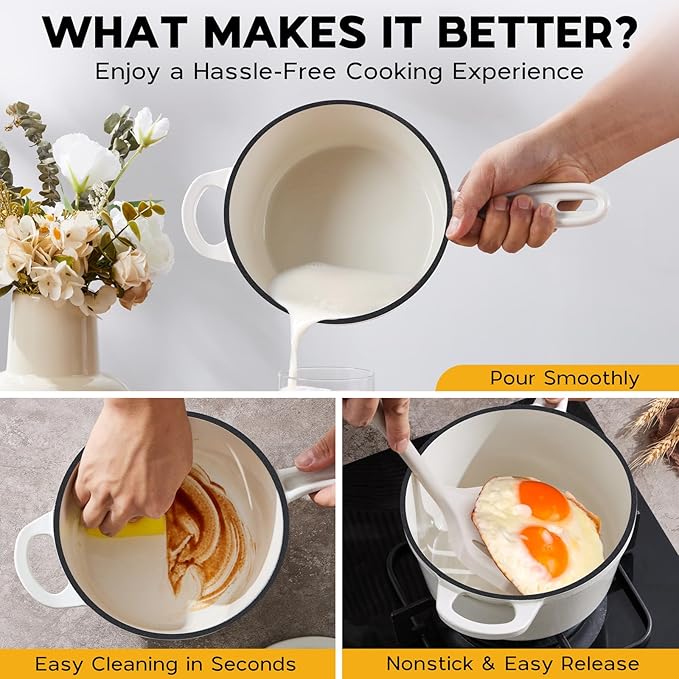 Onader 2 Quart Saucepan Dutch Oven, Enameled Cast Iron Sauce Pan Pot with Lid, Small Cooking Kitchen Pot, Nonstick & Oven Safe – White