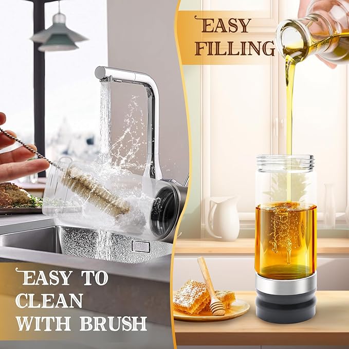 12 OZ Glass Honey Dispenser with Handle,Honey Syrup Dispenser No Drip with Cleaning Brush,Honey Jar for Coffee or Tea,Black