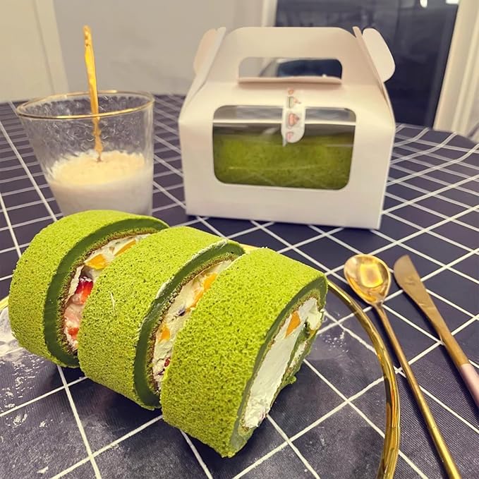 25 Pcs 10.5 Inch Window Roll Cake Gable Boxes Bulk with Handle & Cake Boards, Homemade & Bakery White Paper Favor Containers, Easy Carrying, Gift Boxes for Christmas Wedding