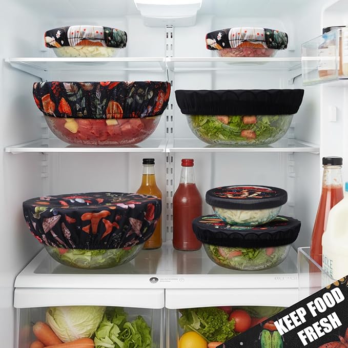 Patelai 10 Pcs Bowl Covers Reusable in 5 Size Stretch Cloth Fabric Elastic Food Storage Bowl Covers Bread Sourdough Lids for Proofing Food Fruits Leftover(Mushroom Style)