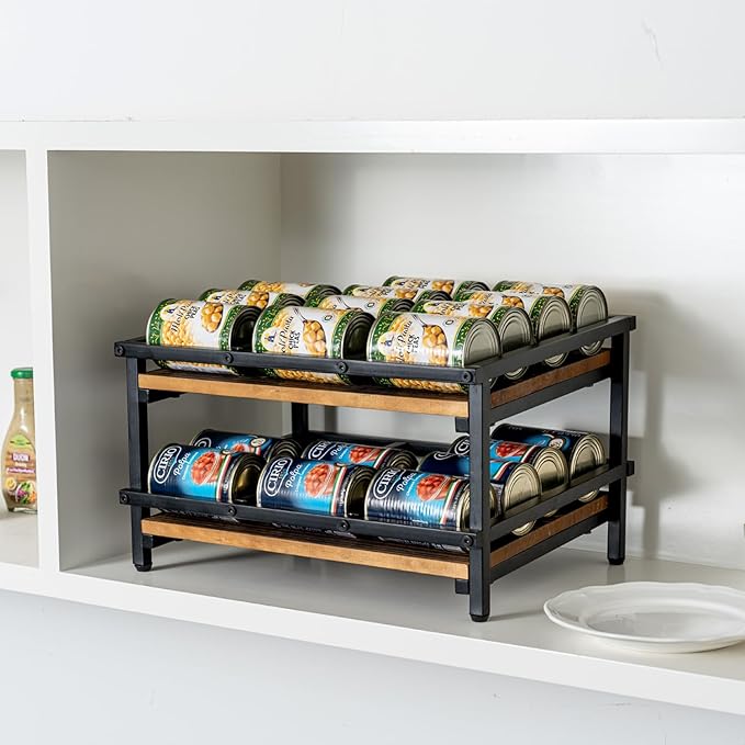 MyGift 2-Tier Canned Goods Organizer for Pantry, Urban Industrial Matte Black Metal and Rustic Burnt Solid Wood Countertop Can Holder Storage Dispenser Rack, Holds 10 to 15 oz Can Sizes