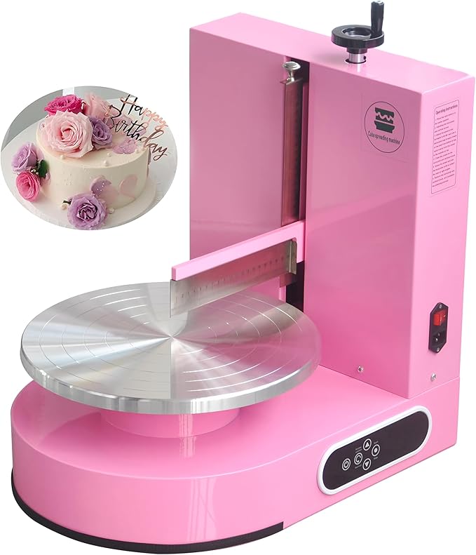 Semi Automatic Birthday Cake Smoothing Coating Machine, AC110V 4-14in Cake Cream Spreading Machine, Cakes Decorating Cream Coating Machine Turntable with Graduated Scraper, Baking Supplies (Pink)