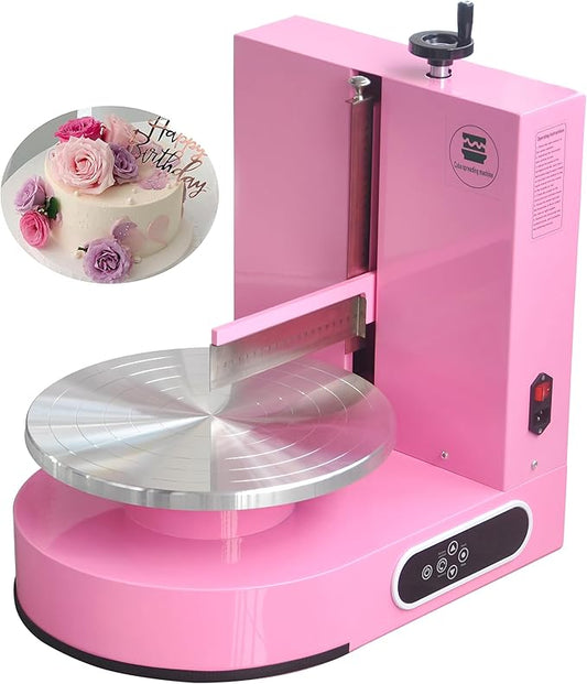 Semi Automatic Birthday Cake Smoothing Coating Machine, AC110V 4-14in Cake Cream Spreading Machine, Cakes Decorating Cream Coating Machine Turntable with Graduated Scraper, Baking Supplies (Pink)