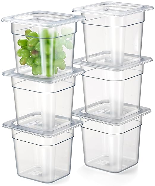 CURTA 6-Pack 1/6 Size 6" Deep NSF Polycarbonate Food Pans with Handled Lids & Drain Trays | Dishwasher & Freezer Safe Clear Container for Prep Tables, Buffet, Salad Bar, Commercial Kitchen