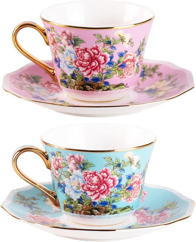 KAMMAK Porcelain Espresso Cups with Saucers, Cappuccino Cups with Saucers Set of 2, 7oz Handcrafted Ceramic Floral Coffee and Tea Cup, Vintage Drinkware for Tea Party, Holiday Gifting, Office, Gifts