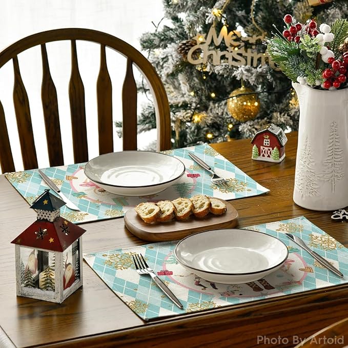 Blue Diamond Plaid Nutcracker Christmas Placemats Set of 4, 12x18 Inch