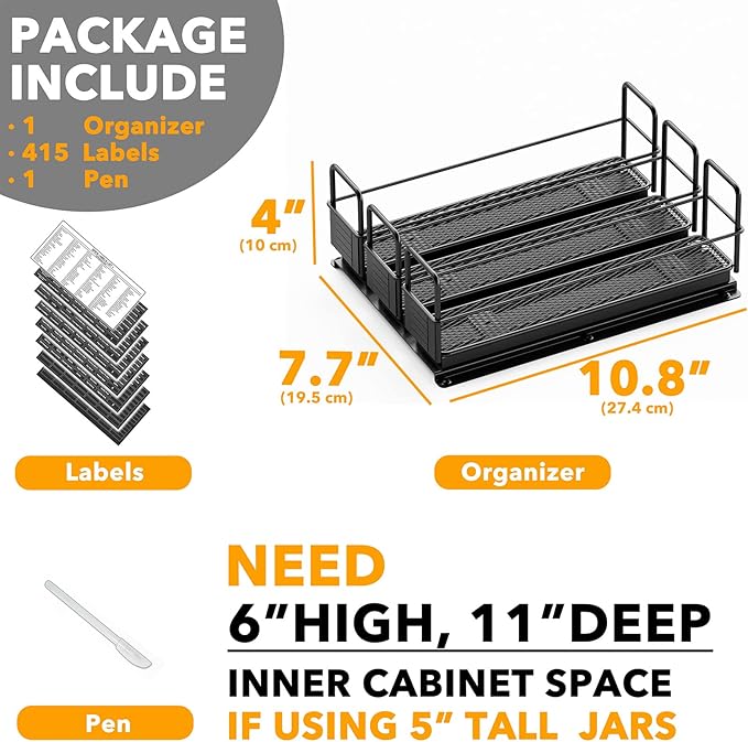 SpaceAid Pull Out Spice Rack Organizer for Cabinet, Heavy Duty Slide Out Seasoning Kitchen Organizer, Cabinet Organizer, with Labels, 7.7" W x10.75 D x4 H, 3 Drawers 1-Tier
