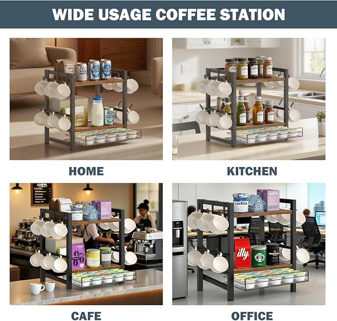 Coffee Bar Organizer,3 Tier K Cup Holder for Counter,Coffee Pod Drawer Holder with 12 Mug Hooks,K Cup Drawer Organizer for Syrup,Tea,Bean,Coffe Bar Accessories for Kitchen&Home Office