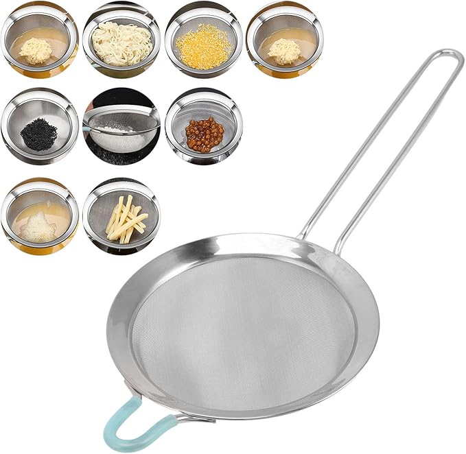 60 Mesh Fine Colander, Strainer Stainless Steel Handheld Flour Colander with Long Handle, Handheld Flour Sifter for Kitchen(14cm)