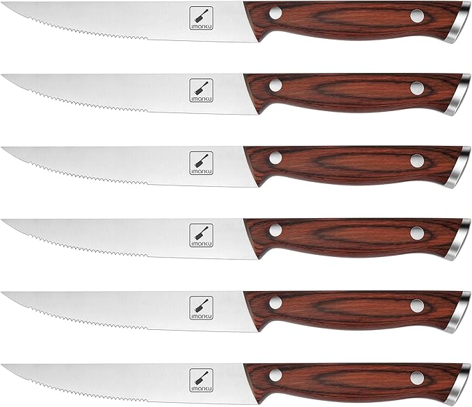 imarku Steak Knives Set of 6, Japanese HC Steel Premium Serrated Steak Knife Set with Ergonomic Handle and Gift Box, Home Essential, Best Birthday Gifts for Women and Men