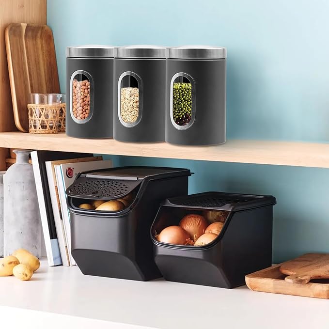 Canisters Sets for the Kitchen, 3pcs Sugar Flour Tea Coffee Storage Jars Stainless Steel Food Container Organizer for Kitchen Counter with Transparent Window (grey)