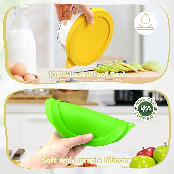 Sophico 4 Cup Round Silicone Storage Cover Lids Replacement for Anchor Hocking and Pyrex 7201-PC Glass Bowls (Container not Included) (Yellow-Green)