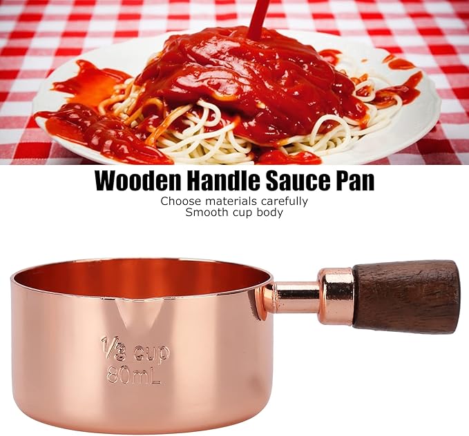 Mini Sauce Pan, Stainless Steel Butter Warmer with Pour Spout and Wooden Handle Rose Gold Melting Pot for Making Sauces, Chocolate Melting, Coffee Tea Soup Warming(1/3cup)