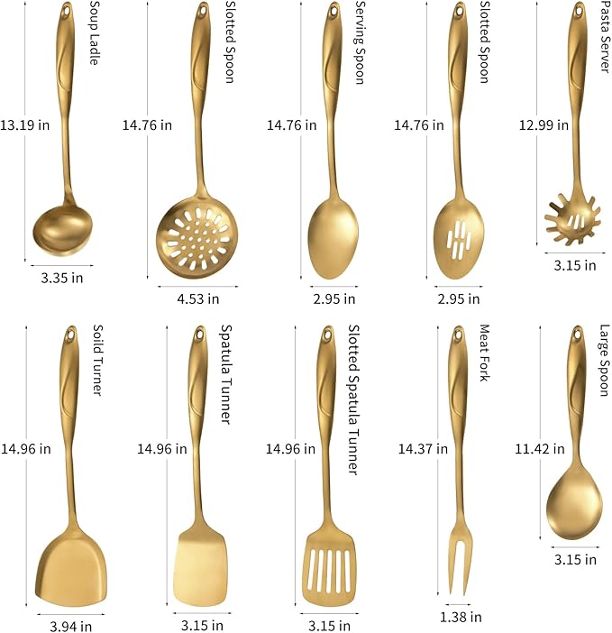304 Stainlss Steel Kitchen Utensils Set, 10 Pcs Metal Cooking Utensil, Matte Kitchen Gadget Cookware and Kitchen Tool Set, Dishwasher Safe(Gold)