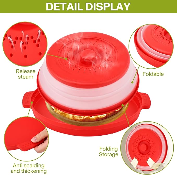 Microwave Food Splatter Cover & Base Mat,10.5 Inch Large Plastic & Silicone Vented Collapsible Guard Lid, Plate Holder & Kitchen Colander for Meal (Red)