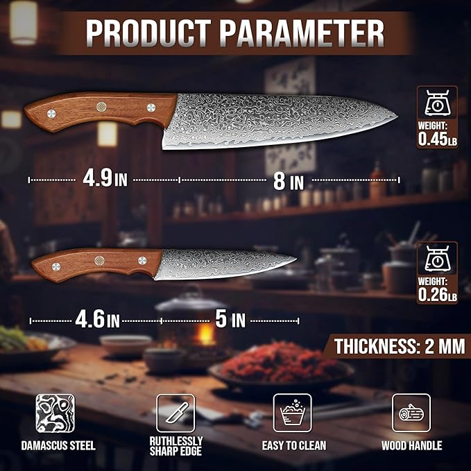 DRAGON RIOT Damascus Chef Knife Set, 2pcs VG10 Professional Kitchen Knife Set, Ultra Sharp Blade & Ergonomic Wooden Handle, Full Tang Forged Damascus Steel Kitchen Cooking Knife Set with Gift Box